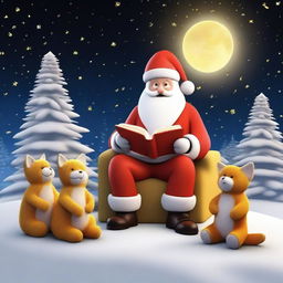 Generate a 3D illustration featuring Santa Claus reading a book with children during Christmas time