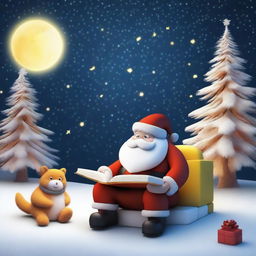 Generate a 3D illustration featuring Santa Claus reading a book with children during Christmas time