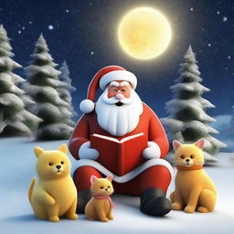 Generate a 3D illustration featuring Santa Claus reading a book with children during Christmas time