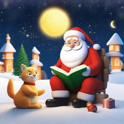 Generate a 3D illustration featuring Santa Claus reading a book with children during Christmas time