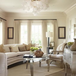 Create an image of a room with transitional style interior design, blending traditional and contemporary aspects, with muted, neutral color palette, elegant furniture and sophisticated decor elements.