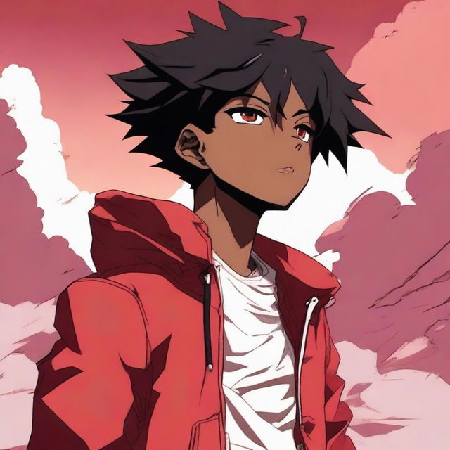 A black anime boy standing under a bright red sky, looking up in awe