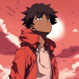 A black anime boy standing under a bright red sky, looking up in awe