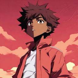 A black anime boy standing under a bright red sky, looking up in awe