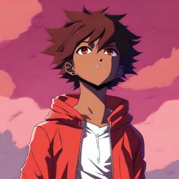 A black anime boy standing under a bright red sky, looking up in awe