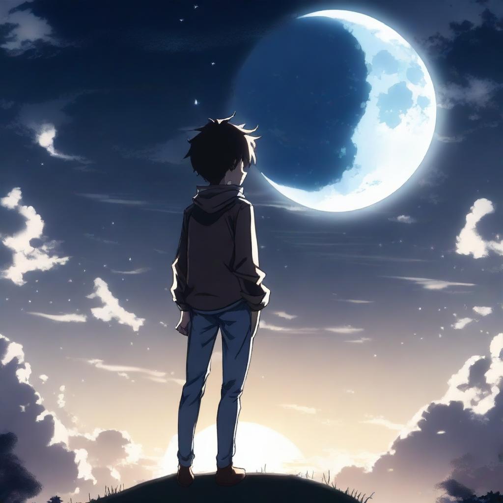 An anime boy standing alone in the middle of a tranquil setting, looking up at a big, bright moon