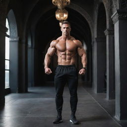 Athletic men with well-defined muscular physique in a modern gym setting, accentuated with gothic aesthetics such as high arches, dark hues and intricate wrought-iron designs.