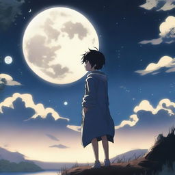 An anime boy standing alone in the middle of a tranquil setting, looking up at a big, bright moon