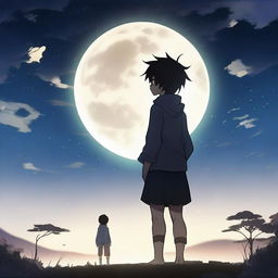 An anime boy standing alone in the middle of a tranquil setting, looking up at a big, bright moon