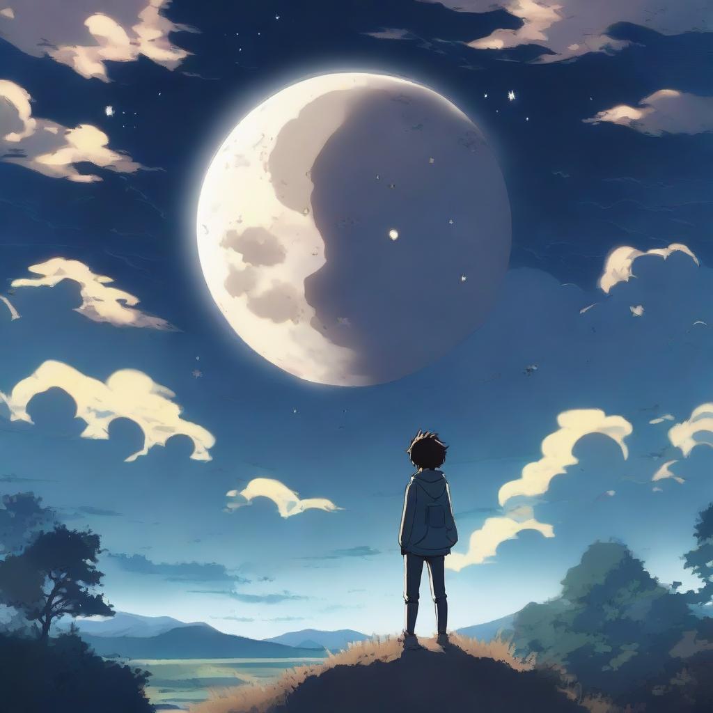 An anime boy standing alone in the middle of a tranquil setting, looking up at a big, bright moon