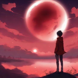 An anime boy standing alone, looking up at a big, bright moon in a red sky