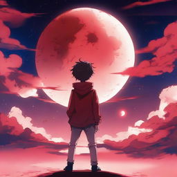 An anime boy standing alone, looking up at a big, bright moon in a red sky