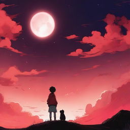 An anime boy standing alone, looking up at a big, bright moon in a red sky