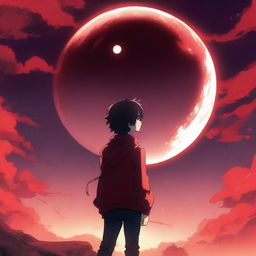 An anime boy standing alone, looking up at a big, bright moon in a red sky