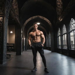 Athletic men with well-defined muscular physique in a modern gym setting, accentuated with gothic aesthetics such as high arches, dark hues and intricate wrought-iron designs.