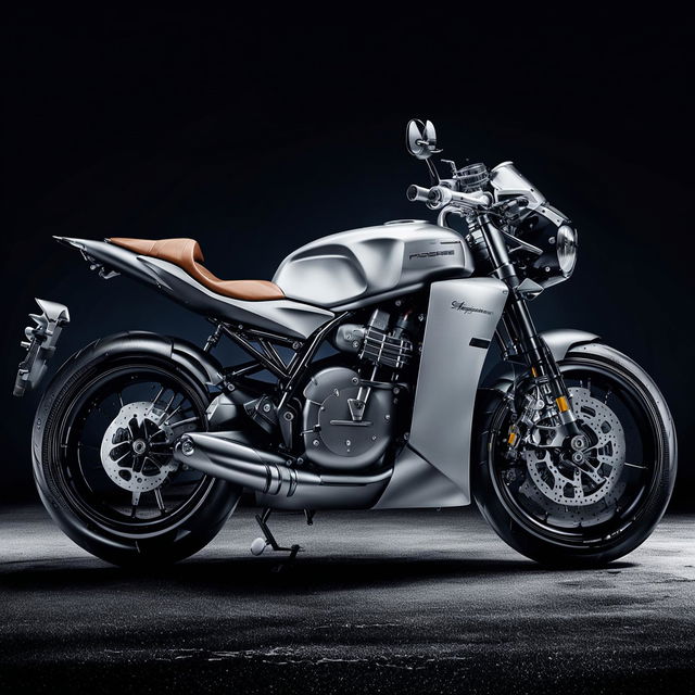 This is a description of a hypothetical Porsche motorbike, featuring the brand's unique style, high-speed performance, and luxury materials