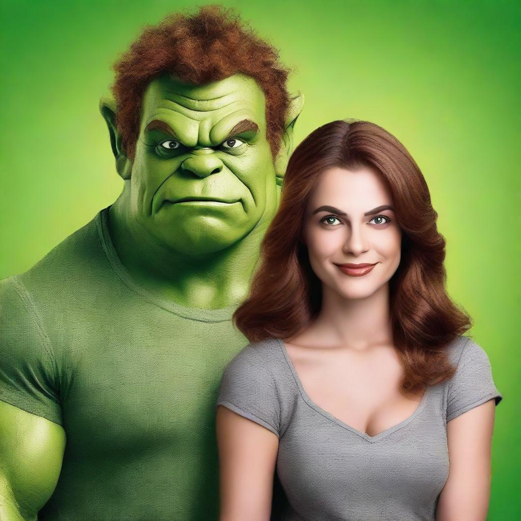 Generate an image for a book cover featuring a handsome ogre with brown hair and a woman with brown hair in a gray shirt, all set against a green background