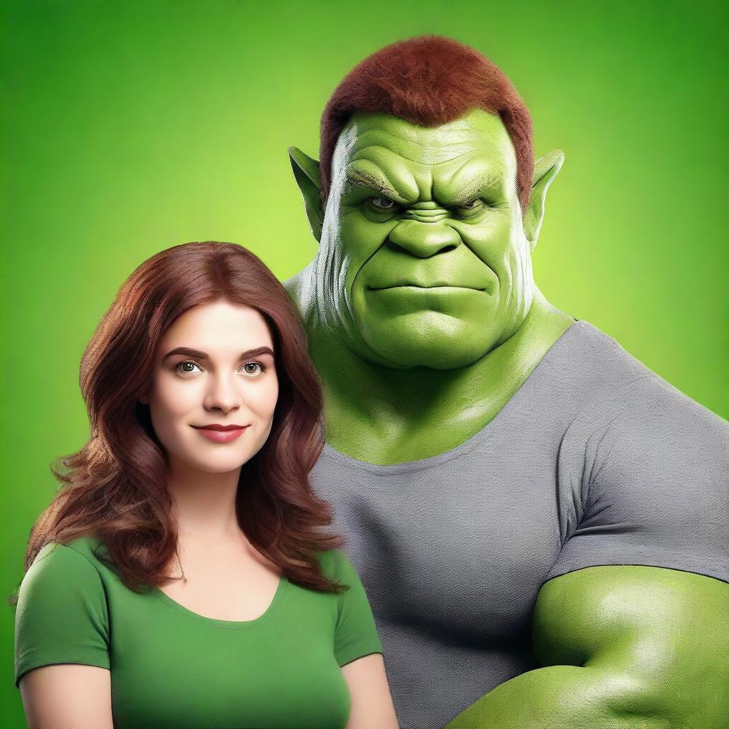 Generate an image for a book cover featuring a handsome ogre with brown hair and a woman with brown hair in a gray shirt, all set against a green background