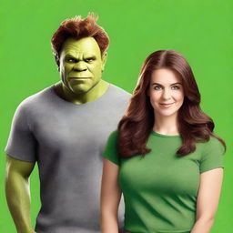 Generate an image for a book cover featuring a handsome ogre with brown hair and a woman with brown hair in a gray shirt, all set against a green background