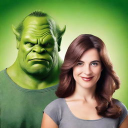 Generate an image for a book cover featuring a handsome ogre with brown hair and a woman with brown hair in a gray shirt, all set against a green background