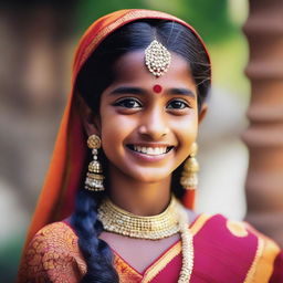 Generate an image of a young Indian girl, showcasing her vibrant and colorful traditional attire