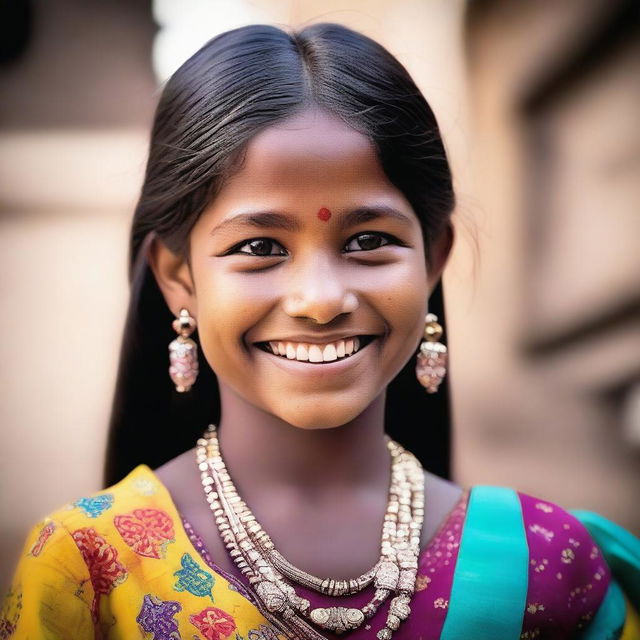 An Indian girl wearing traditional clothes, smiling brightly