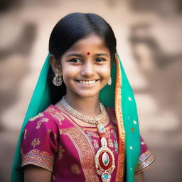 An Indian girl wearing traditional clothes, smiling brightly