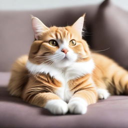 A cute and fluffy domesticated cat lounging lazily on a comfortable sofa