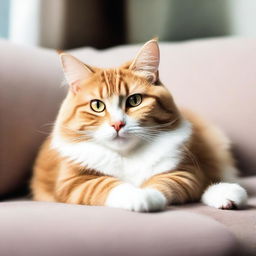 A cute and fluffy domesticated cat lounging lazily on a comfortable sofa