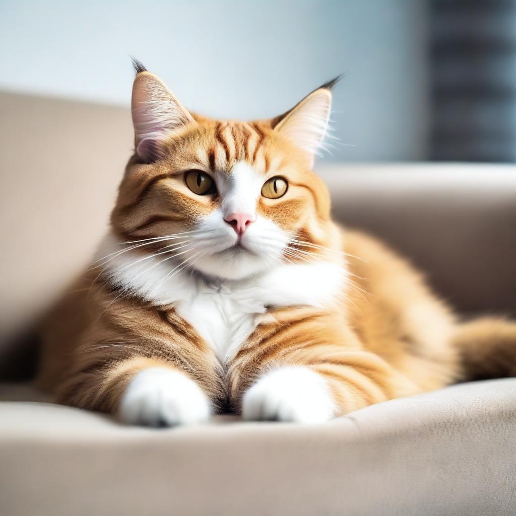 A cute and fluffy domesticated cat lounging lazily on a comfortable sofa