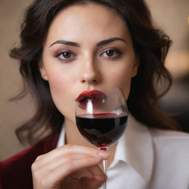 A sophisticated individual savoring a sip of deep red wine, with the crimson liquid elegantly flowing towards their mouth.