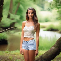 A full-body photoshoot of a model in an open natural setting