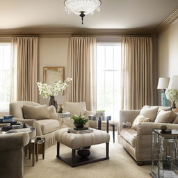 Create an image of a room with transitional style interior design, blending traditional and contemporary aspects, with muted, neutral color palette, elegant furniture and sophisticated decor elements.