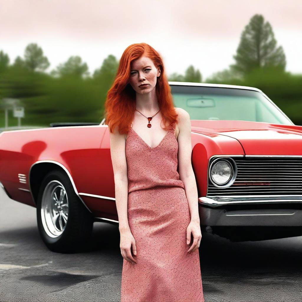 Generate an image of a red-headed woman with a hickey on her neck, with a red El Camino car in the background.