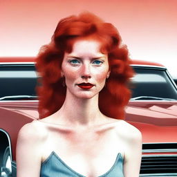 Generate an image of a red-headed woman with a hickey on her neck, with a red El Camino car in the background.