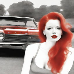 Generate an image of a red-headed woman with a hickey on her neck, with a red El Camino car in the background.