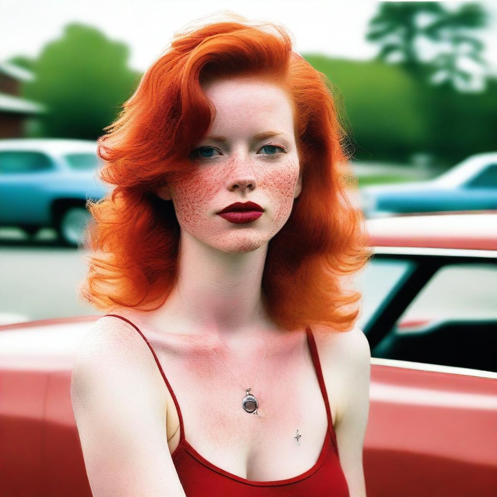 Generate an image of a red-headed woman with a hickey on her neck, with a red El Camino car in the background.