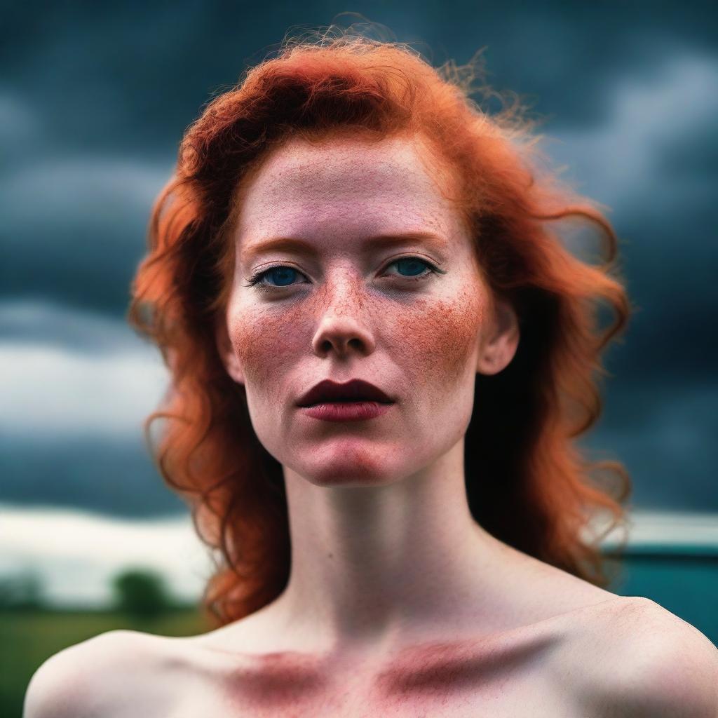 Generate an image of a red-headed woman with a hickey on her neck