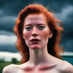 Generate an image of a red-headed woman with a hickey on her neck
