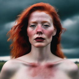 Generate an image of a red-headed woman with a hickey on her neck