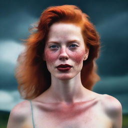 Generate an image of a red-headed woman with a hickey on her neck