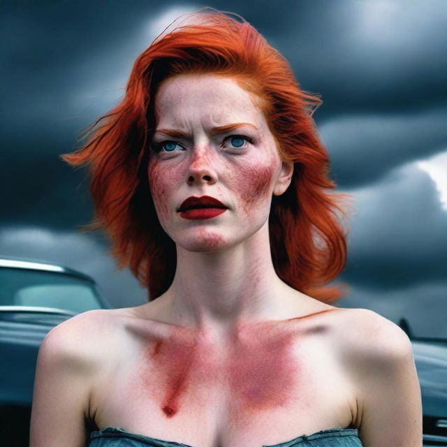 Generate an image featuring a red-headed woman with a bruise on her neck