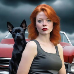 Generate an image featuring a young red-headed woman with a small black dog