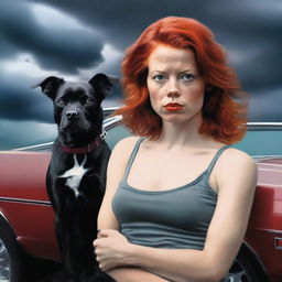 Generate an image featuring a young red-headed woman with a small black dog