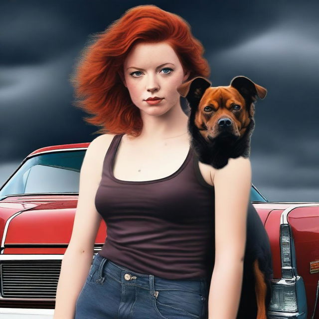 Generate an image featuring a young red-headed woman with a small black dog