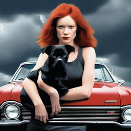 Generate an image featuring a young red-headed woman with a small black dog