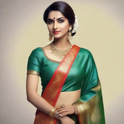 Generate an image of a beautiful Indian woman dressed in a traditional saree