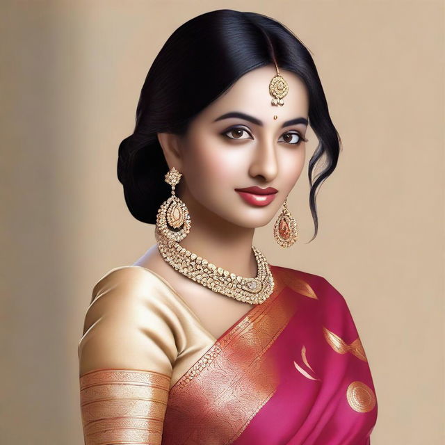 Generate an image of a beautiful Indian woman dressed in a traditional saree