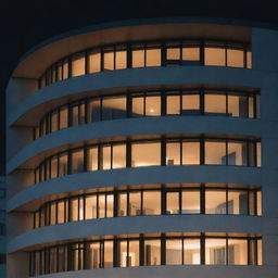 Architectural masterpiece of a modern building at night with some windows radiating a warm, inviting light