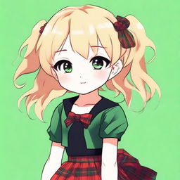 Generate an image of an adorable anime-style 6-year-old girl with blonde hair and red eyes